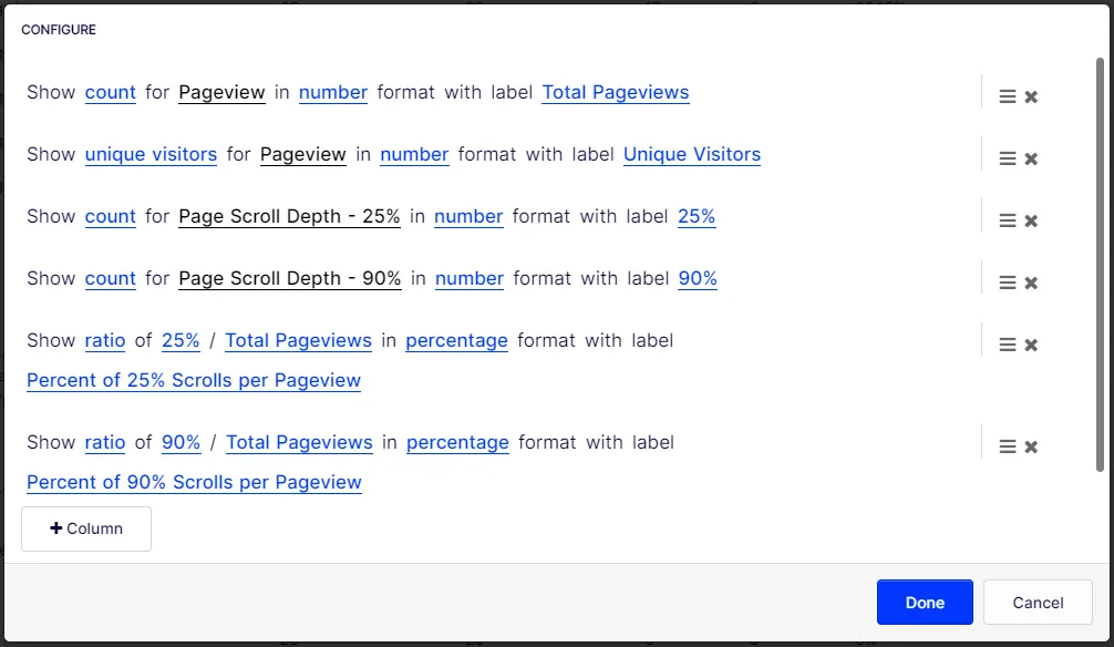 ODP report - detail page scroll counts rocket columns